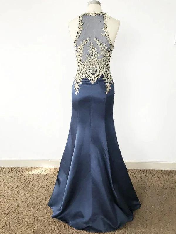 Gorgeous Mermaid Sleeveless Scoop Applique Satin Prom Dresses by misshow.com