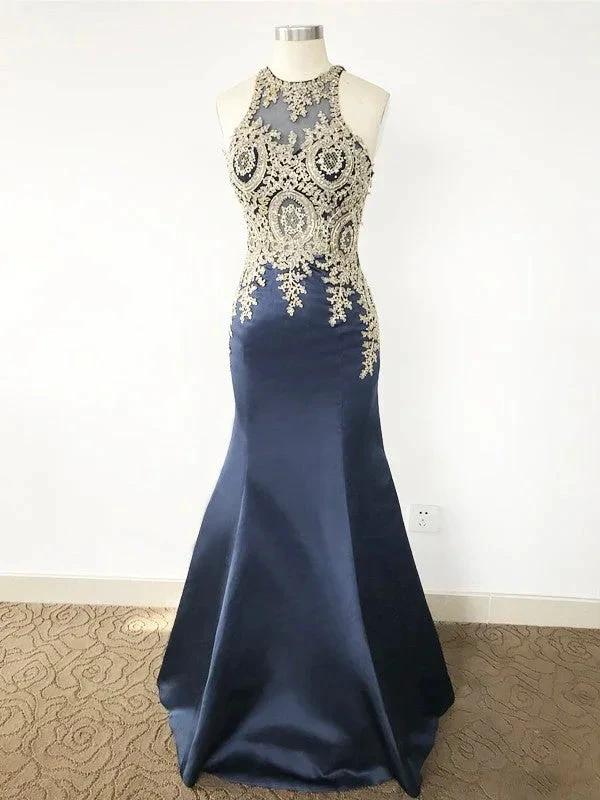 Gorgeous Mermaid Sleeveless Scoop Applique Satin Prom Dresses by misshow.com