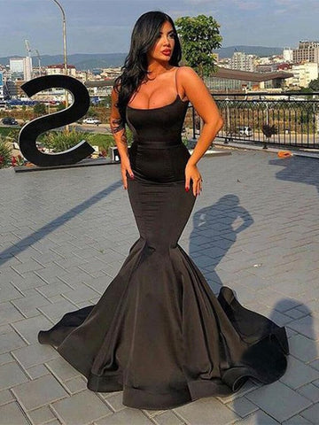 Hermosos vestidos de fiesta de satén con volantes y tirantes finos sin mangas de sirena