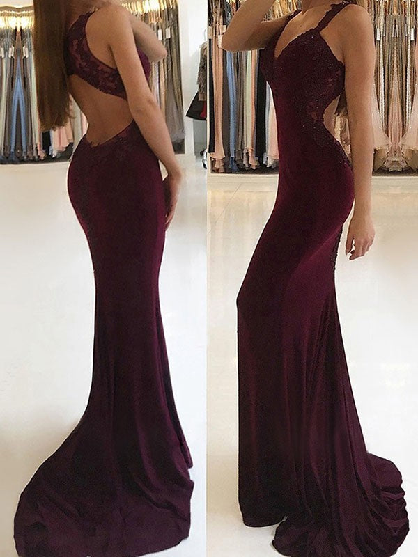 Gorgeous Mermaid Sleeveless V-neck Applique Stretch Crepe Prom Dresses Hover Image