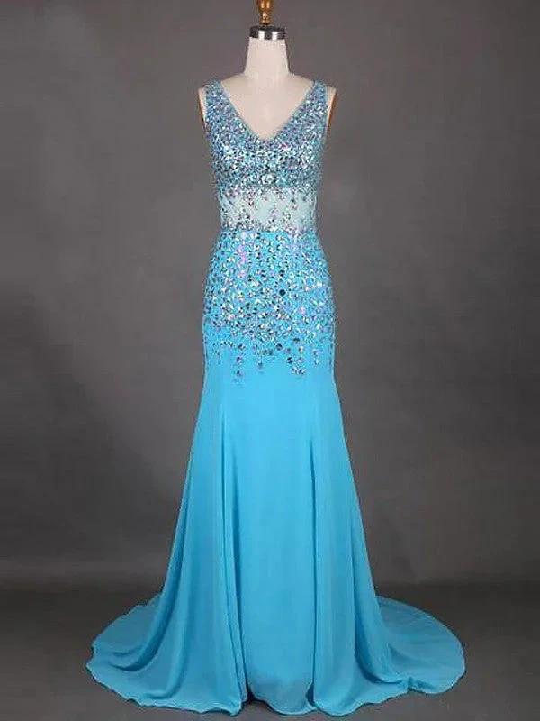 Gorgeous Mermaid Sleeveless V-neck Chiffon Beading Prom Dresses by misshow.com