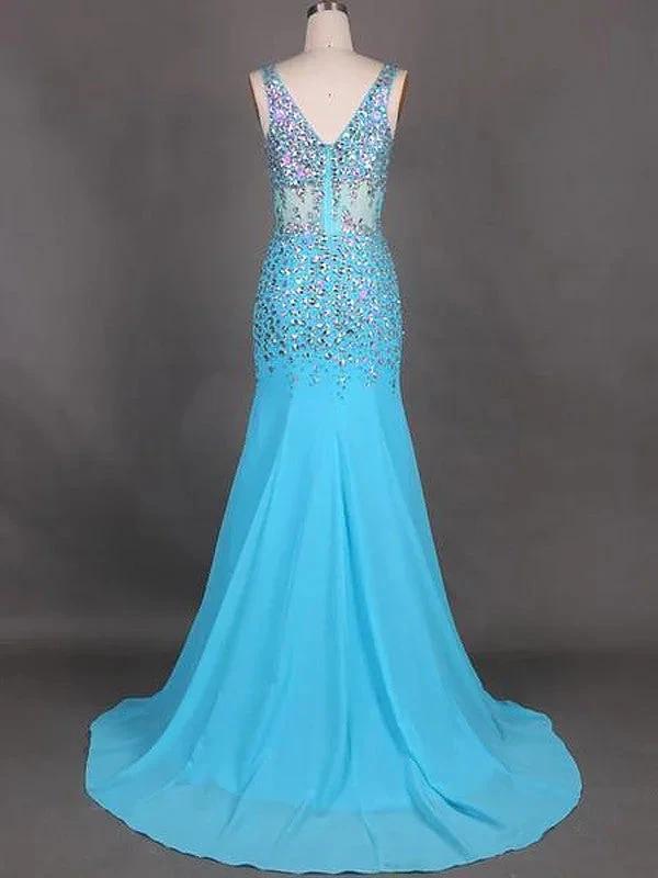 Gorgeous Mermaid Sleeveless V-neck Chiffon Beading Prom Dresses by misshow.com