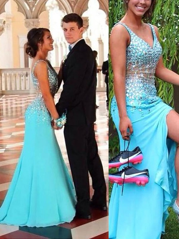 Gorgeous Mermaid Sleeveless V-neck Chiffon Beading Prom Dresses Hover Image
