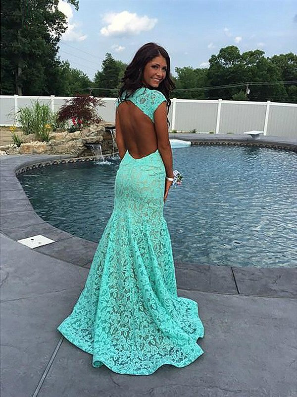 Gorgeous Mermaid Sleeveless V-neck Lace Ruffles Prom Dresses Main Image