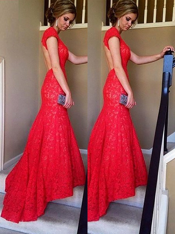 Gorgeous Mermaid Sleeveless V-neck Lace Ruffles Prom Dresses Hover Image