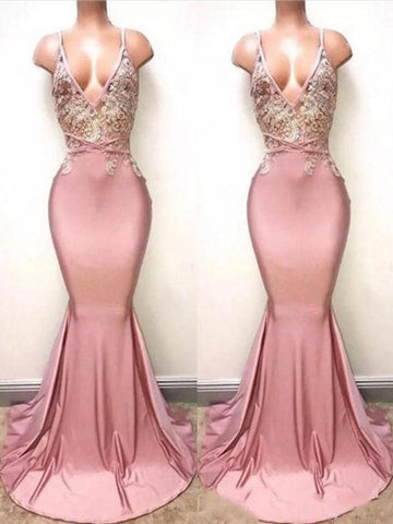 Hermosos vestidos de fiesta de satén con encaje y escote en V sin mangas de sirena