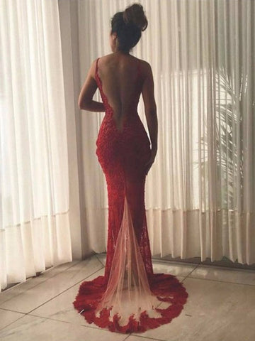 Gorgeous Mermaid Sleeveless V-neck Lace Tulle Prom Dresses