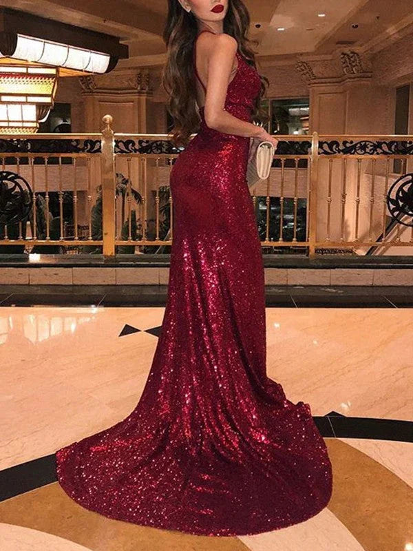 Gorgeous Mermaid Sleeveless V-neck Ruffles Sequins Prom Dresses by misshow.com