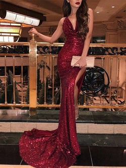 Gorgeous Mermaid Sleeveless V-neck Ruffles Sequins Prom Dresses by misshow.com