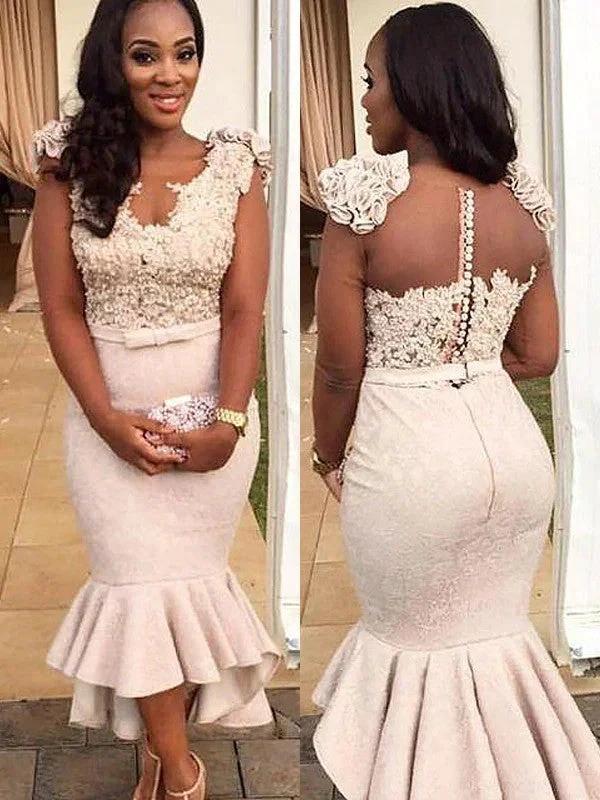 Gorgeous Mermaid Sleeveless V-neck Satin Beading Asymmetrical Prom Dresses by misshow.com