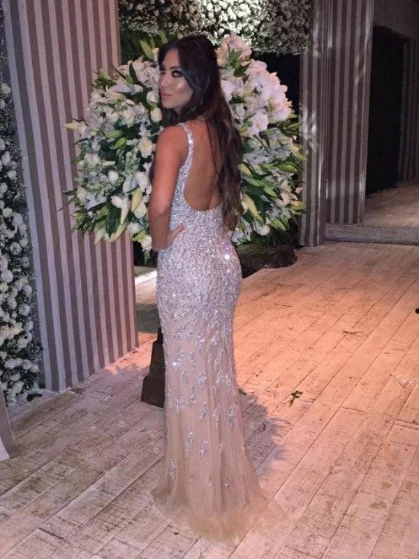 Gorgeous Mermaid Sleeveless V-neck Tulle Crystal Prom Dresses by misshow.com