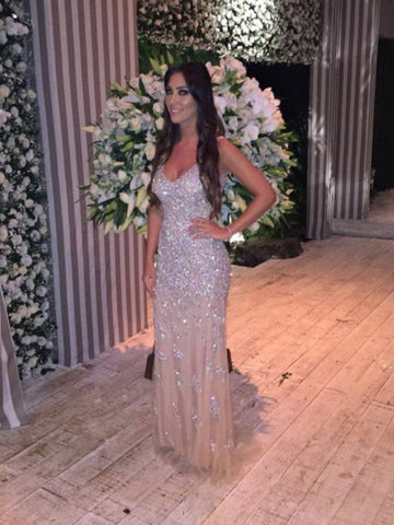 Gorgeous Mermaid Sleeveless V-neck Tulle Crystal Prom Dresses