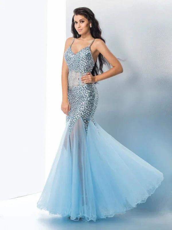 Gorgeous Mermaid Spaghetti Straps Sequin Sleeveless Long Tulle Prom Dresses by misshow.com