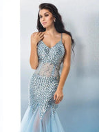 Gorgeous Mermaid Spaghetti Straps Sequin Sleeveless Long Tulle Prom Dresses by misshow.com