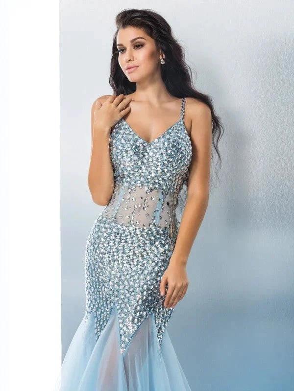 Gorgeous Mermaid Spaghetti Straps Sequin Sleeveless Long Tulle Prom Dresses by misshow.com
