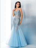 Gorgeous Mermaid Spaghetti Straps Sequin Sleeveless Long Tulle Prom Dresses by misshow.com