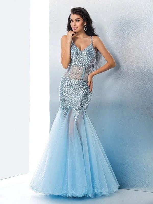 Gorgeous Mermaid Spaghetti Straps Sequin Sleeveless Long Tulle Prom Dresses by misshow.com