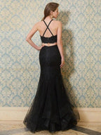 Gorgeous Mermaid Spaghetti Straps Sleeveless Applique Floor-Length Tulle Two Piece Prom Dresses by misshow.com