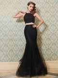 Gorgeous Mermaid Spaghetti Straps Sleeveless Applique Floor-Length Tulle Two Piece Prom Dresses by misshow.com