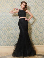 Gorgeous Mermaid Spaghetti Straps Sleeveless Applique Floor-Length Tulle Two Piece Prom Dresses by misshow.com