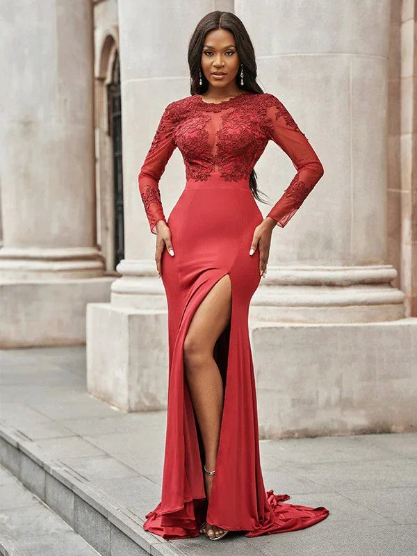 Gorgeous Mermaid Spandex Applique Scoop Long Sleeves Prom Dresses by misshow.com