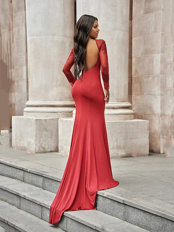 Gorgeous Mermaid Spandex Applique Scoop Long Sleeves Prom Dresses by misshow.com