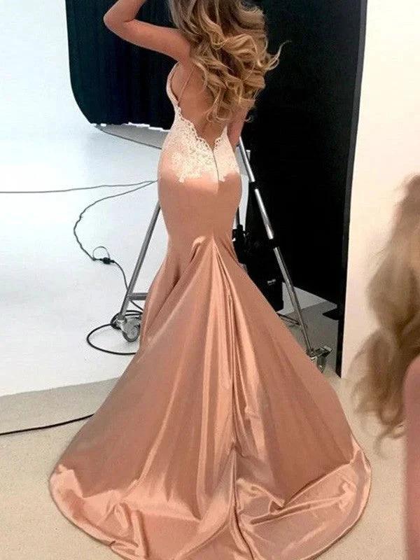 Gorgeous Mermaid Straps V-neck Sleeveless Applique Silk like Satin Prom Dresses by misshow.com