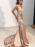Gorgeous Mermaid Straps V-neck Sleeveless Applique Silk like Satin Prom Dresses by misshow.com