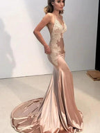Gorgeous Mermaid Straps V-neck Sleeveless Applique Silk like Satin Prom Dresses by misshow.com
