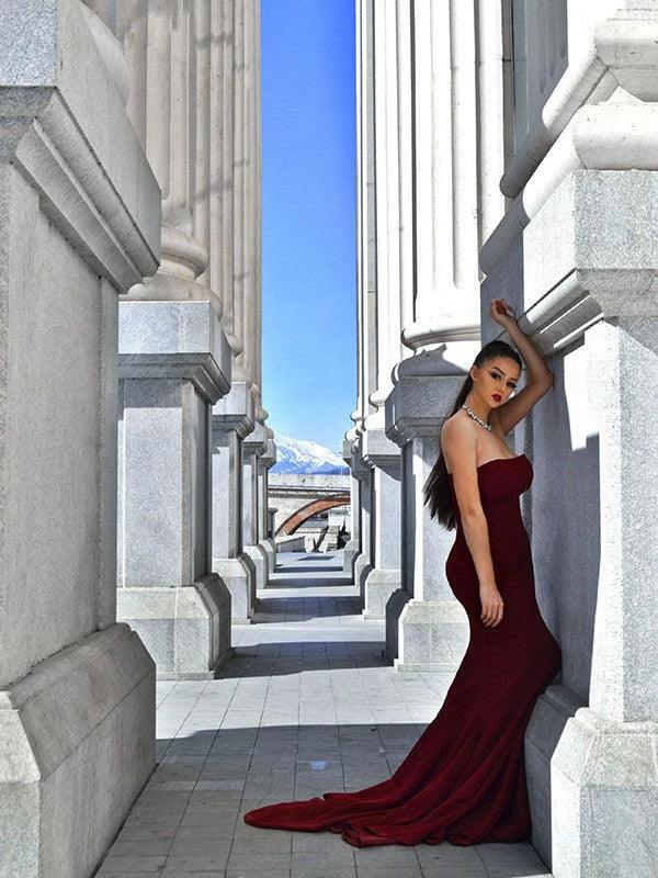 Gorgeous Mermaid Stretch Crepe Sleeveless Ruffles Strapless Prom Dresses by misshow.com