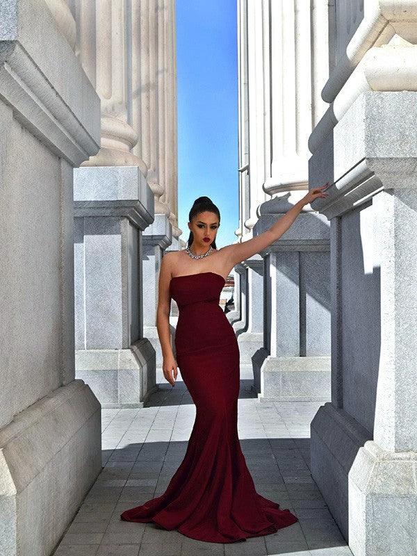 Gorgeous Mermaid Stretch Crepe Sleeveless Ruffles Strapless Prom Dresses by misshow.com