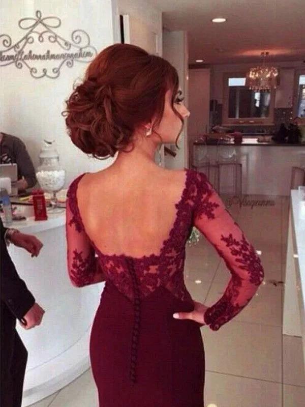 Gorgeous Mermaid Sweetheart Applique Satin Long Sleeves Prom Dresses by misshow.com