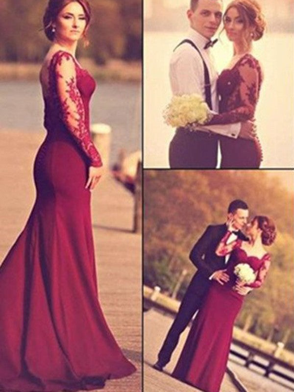 Gorgeous Mermaid Sweetheart Applique Satin Long Sleeves Prom Dresses Hover Image