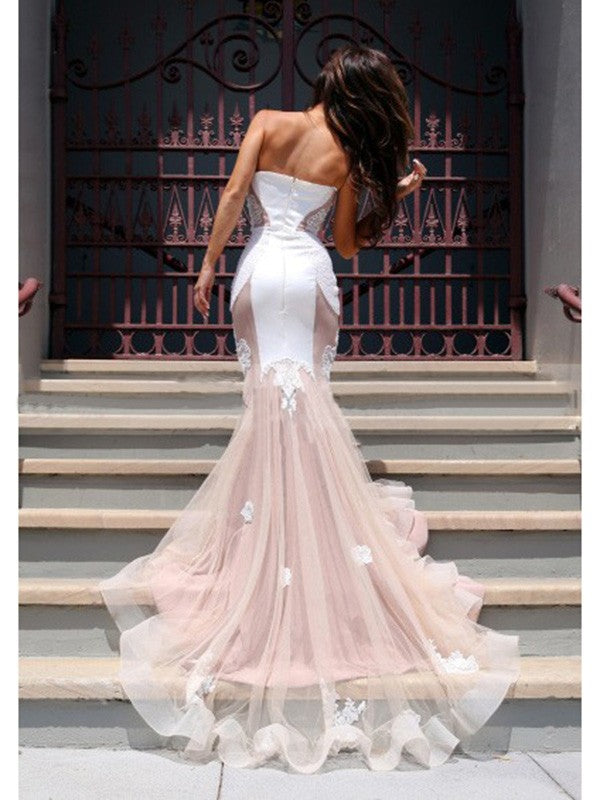 Gorgeous Mermaid Sweetheart Sleeveless Tulle Chapel Train Prom Dresses Main Image