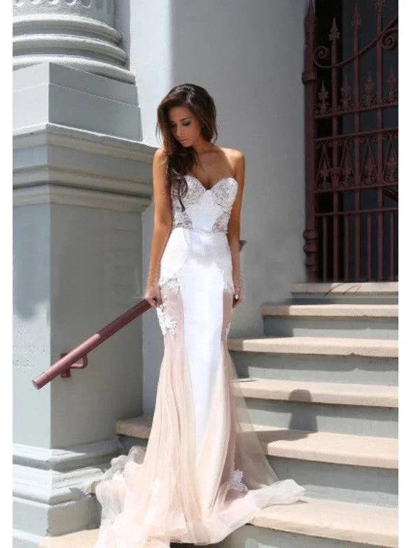 Gorgeous Mermaid Sweetheart Sleeveless Tulle Chapel Train Prom Dresses by misshow.com