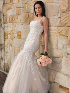 Gorgeous Mermaid Tulle Applique Sleeveless Spaghetti Straps Floor-Length Prom Dresses by misshow.com
