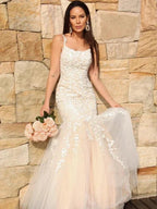 Gorgeous Mermaid Tulle Applique Sleeveless Spaghetti Straps Floor-Length Prom Dresses by misshow.com