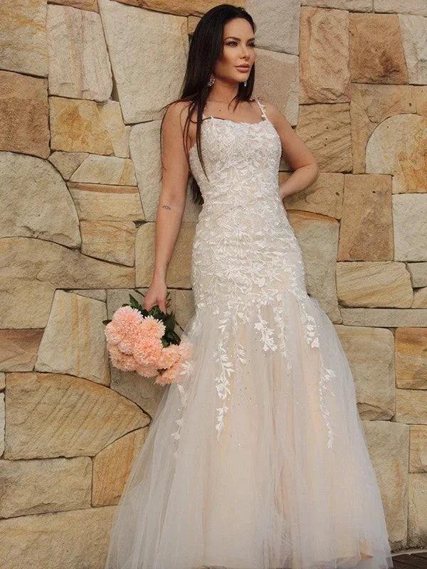 Gorgeous Mermaid Tulle Applique Sleeveless Spaghetti Straps Floor-Length Prom Dresses by misshow.com
