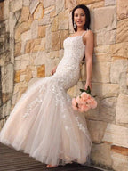 Gorgeous Mermaid Tulle Applique Sleeveless Spaghetti Straps Floor-Length Prom Dresses by misshow.com
