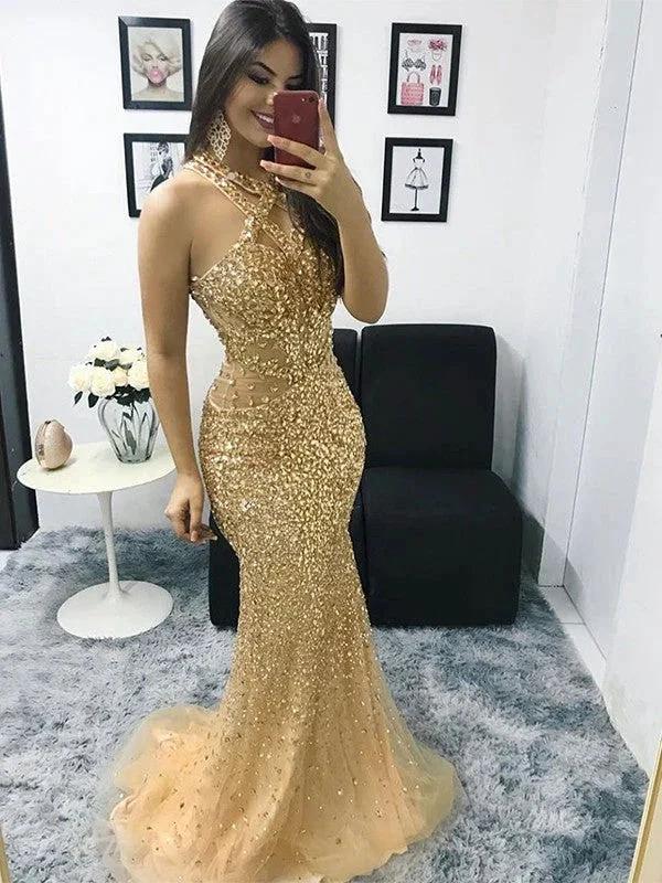 Gorgeous Mermaid Tulle Beading Halter Sleeveless Prom Dresses by misshow.com