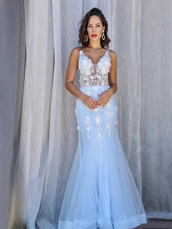 Gorgeous Mermaid Tulle V-neck Sleeveless Applique Floor-Length Prom Dresses by misshow.com