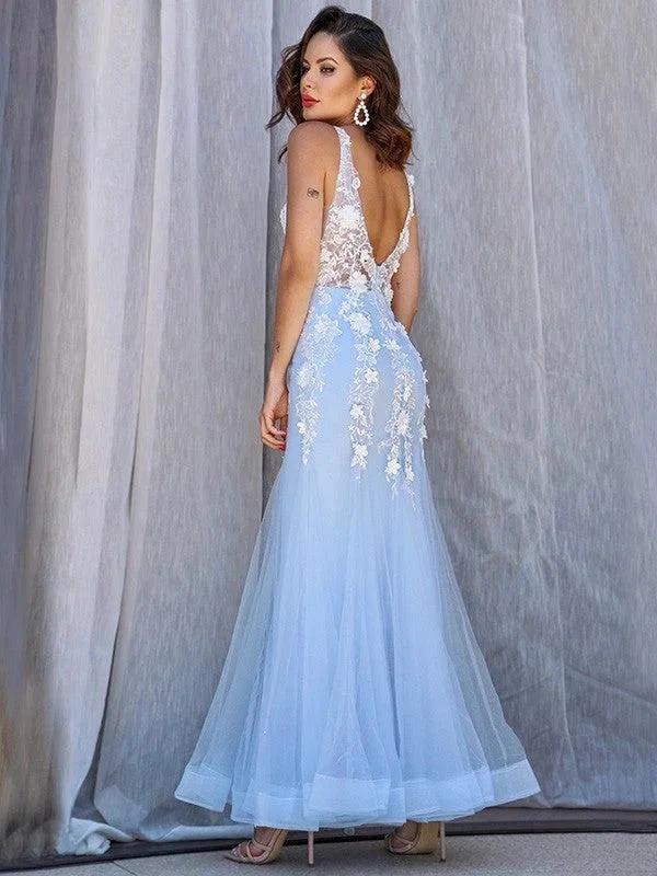 Gorgeous Mermaid Tulle V-neck Sleeveless Applique Floor-Length Prom Dresses by misshow.com