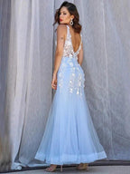 Gorgeous Mermaid Tulle V-neck Sleeveless Applique Floor-Length Prom Dresses by misshow.com