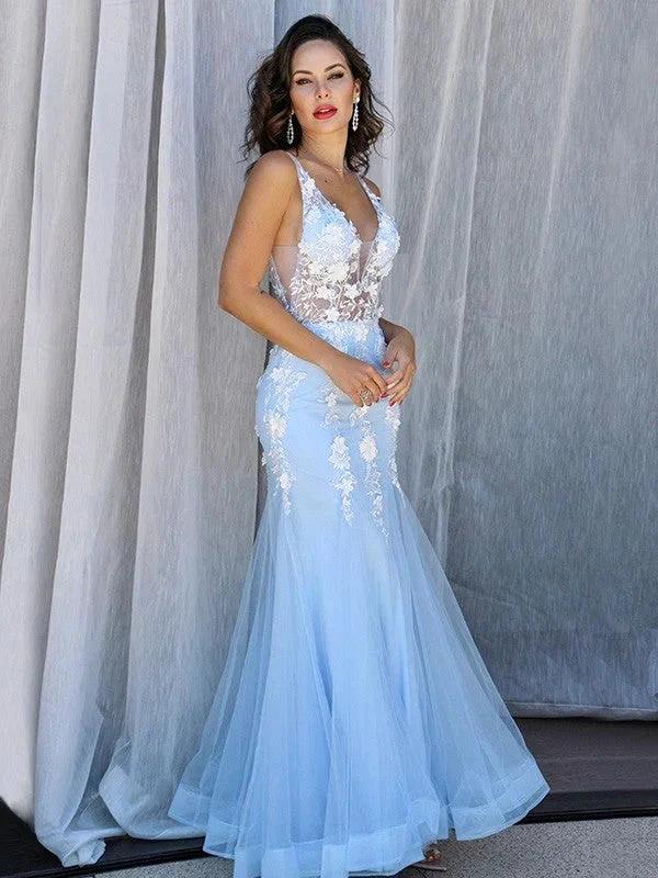 Gorgeous Mermaid Tulle V-neck Sleeveless Applique Floor-Length Prom Dresses by misshow.com