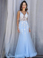 Gorgeous Mermaid Tulle V-neck Sleeveless Applique Floor-Length Prom Dresses by misshow.com