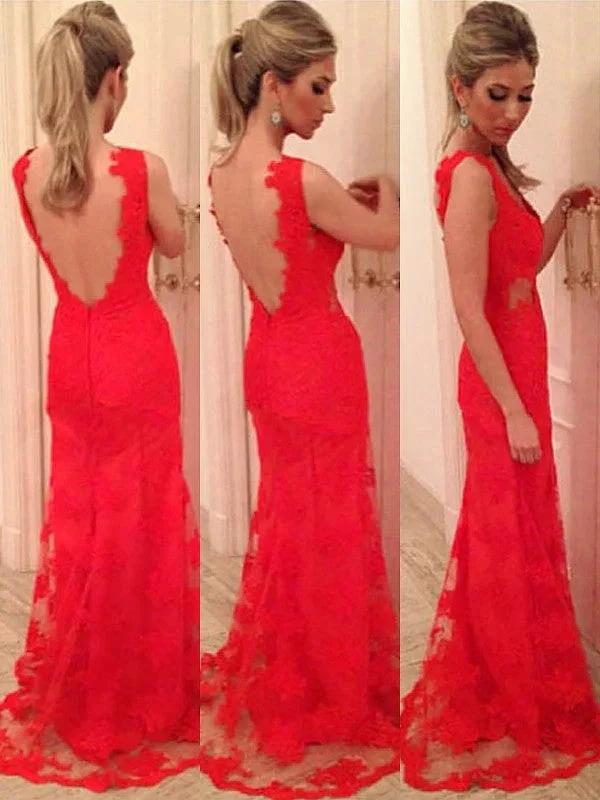 Gorgeous Mermaid V-neck Applique Sleeveless Lace Backless Floor-length Dress by misshow.com