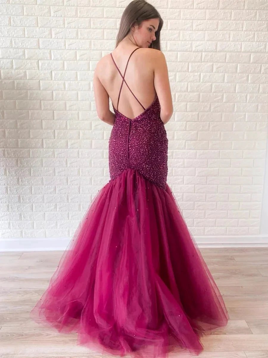 Gorgeous Mermaid V Neck Backless Tulle Beaded Backless Long Prom Dresses by BIZTUNNEL