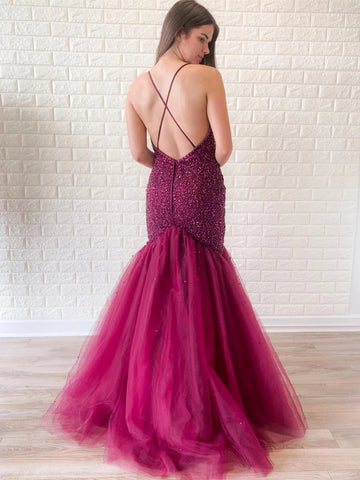 Gorgeous Mermaid V Neck Backless Tulle Beaded Backless Long Prom Dresses