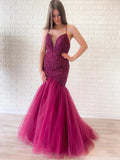 Gorgeous Mermaid V Neck Backless Tulle Beaded Backless Long Prom Dresses by BIZTUNNEL