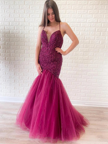 Gorgeous Mermaid V Neck Backless Tulle Beaded Backless Long Prom Dresses